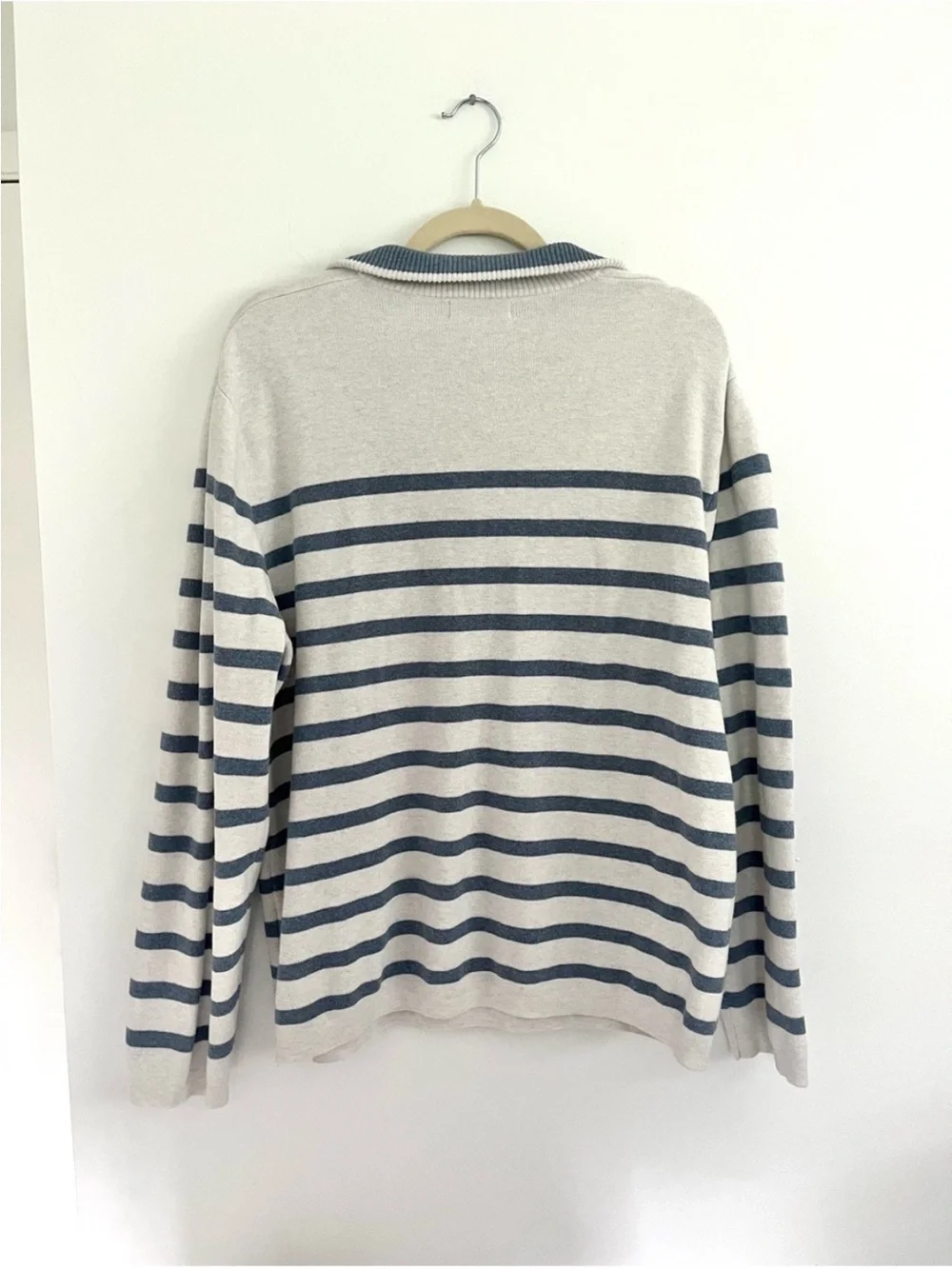 Nautica Men’s Blue Grey Striped Nautical 1/4 Zip Pullover Sweater Coastal Preppy